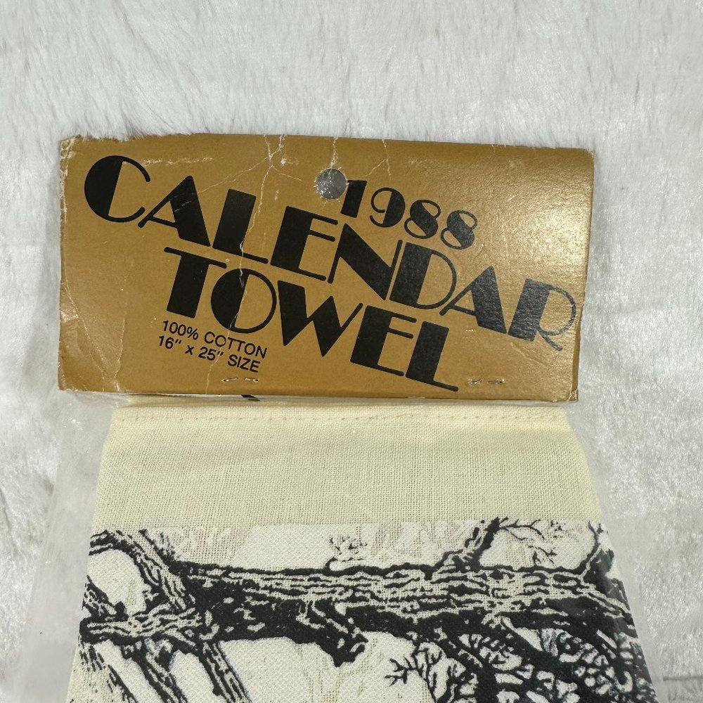 Vintage Cotton Winter Snow Scene Red Covered Bridge Tea Towel Calendar 1988 - Picture 2 of 3